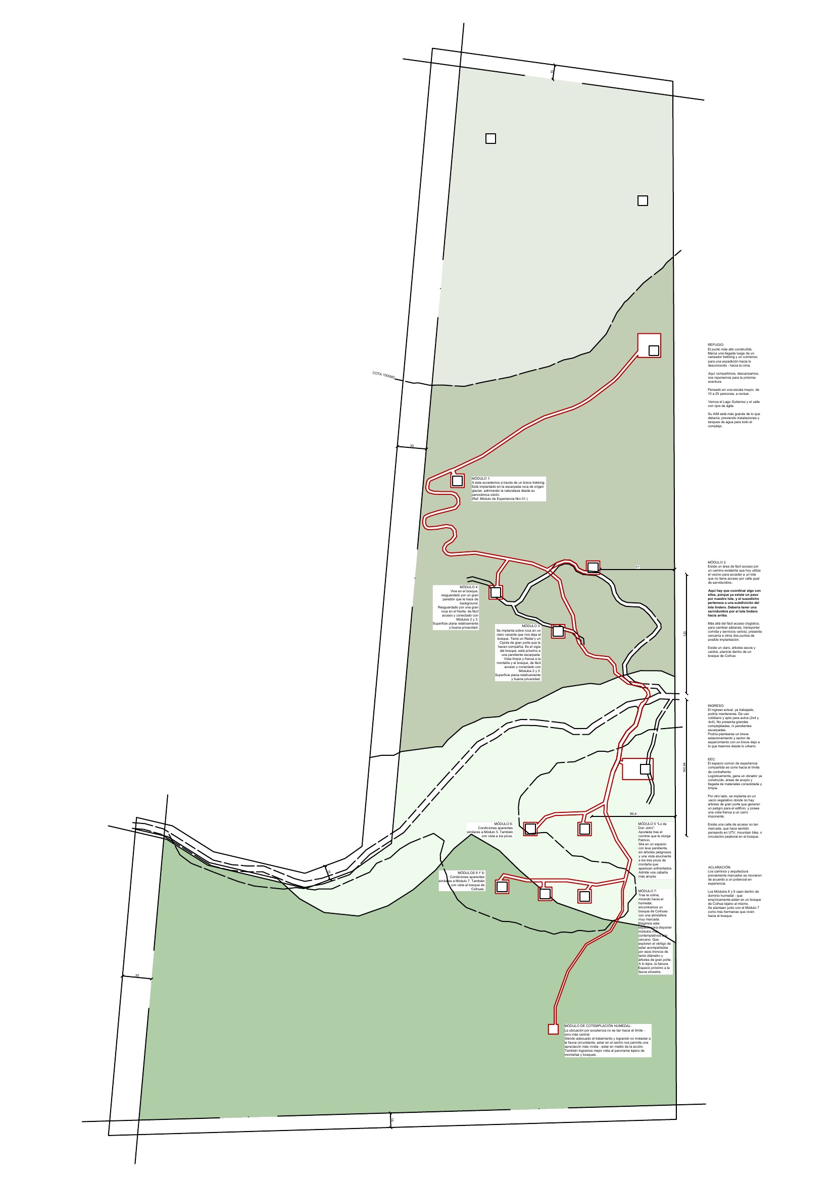 Sendero Sur site plan — ten cabin modules and trail network